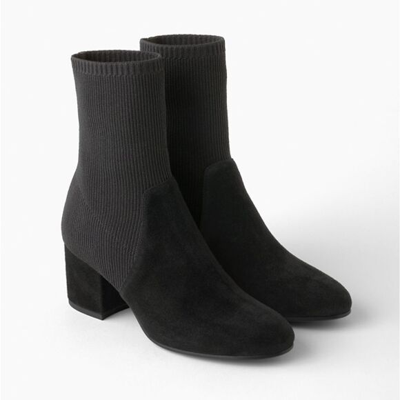 Eileen Fisher Knolls Suede & Recycled Stretch Knit Sock Block Heel Boot in Black - Picture 1 of 12